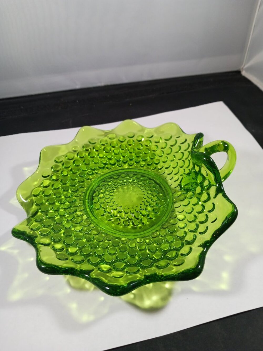 Vintage Fenton Uranium Glass Relish Dish with Handle - Springtime Green
